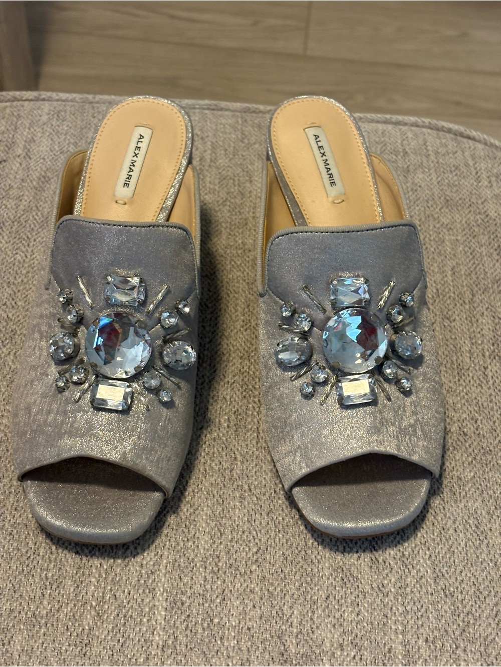 Alex Marie Silver Jeweled Open-Toe Slide Mules